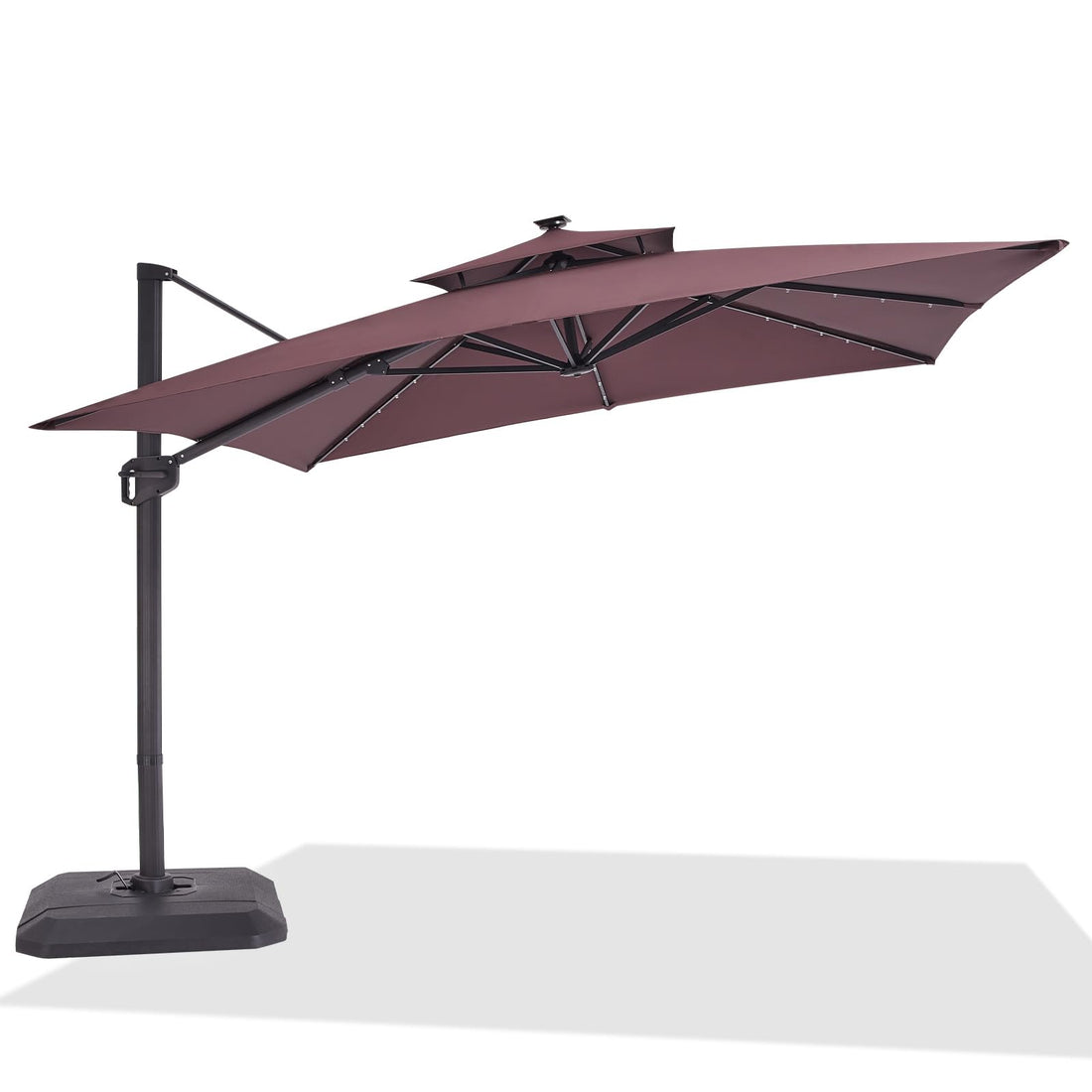 Parasol rectangulaire GARVEE 300 cm x 270 cm avec pied et base inclus, éclairage LED solaire, grand parasol déporté, parasol de terrasse, rotation à 360°, résistant au vent, pour jardin, terrasse et usage extérieur, marron
