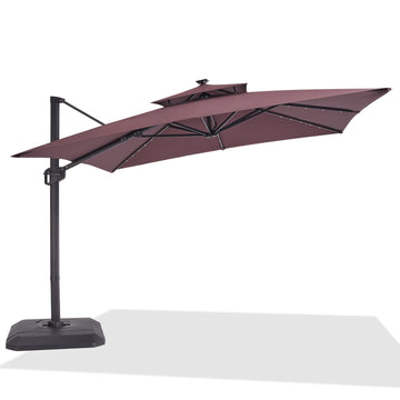 Parasol rectangulaire GARVEE 300 cm x 270 cm avec pied et base inclus, éclairage LED solaire, grand parasol déporté, parasol de terrasse, rotation à 360°, résistant au vent, pour jardin, terrasse et usage extérieur, marron