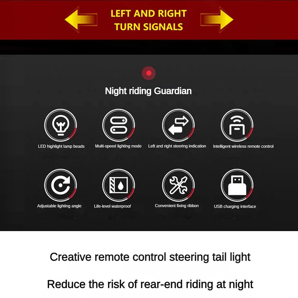 Feu arrière de vélo Garvee avec clignotants et feu stop, alarme antivol rechargeable sans fil, noir, pour le cyclisme urbain avec télécommande