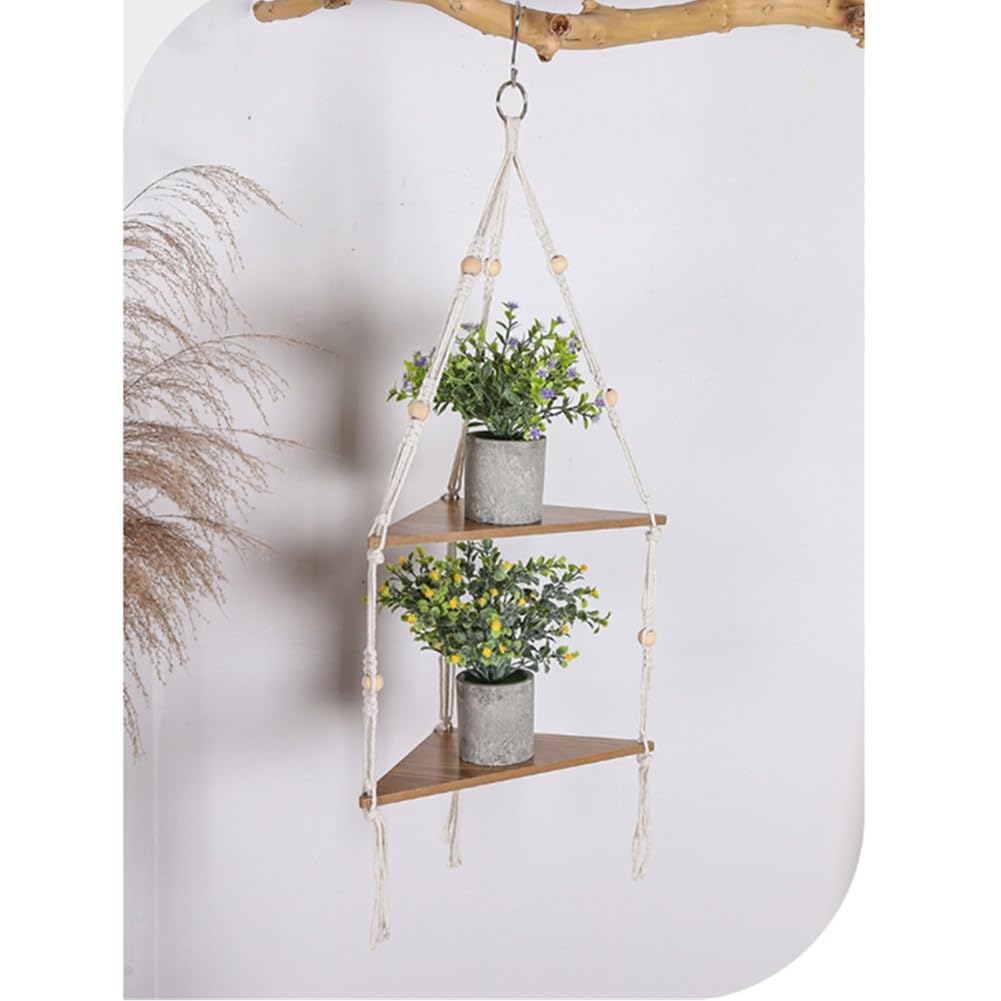 Étagère suspendue d'angle à 2 niveaux Garvee avec corde, support pour plantes style bohème rustique en bois, réglable pour salon et jardin