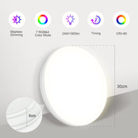 Plafonnier LED GARVEE, intensité variable, 24 W RGBW, 1800 lm, couleurs changeantes, télécommande, écoénergétique, design moderne, rond plat Ø 30 cm, salon, chambre