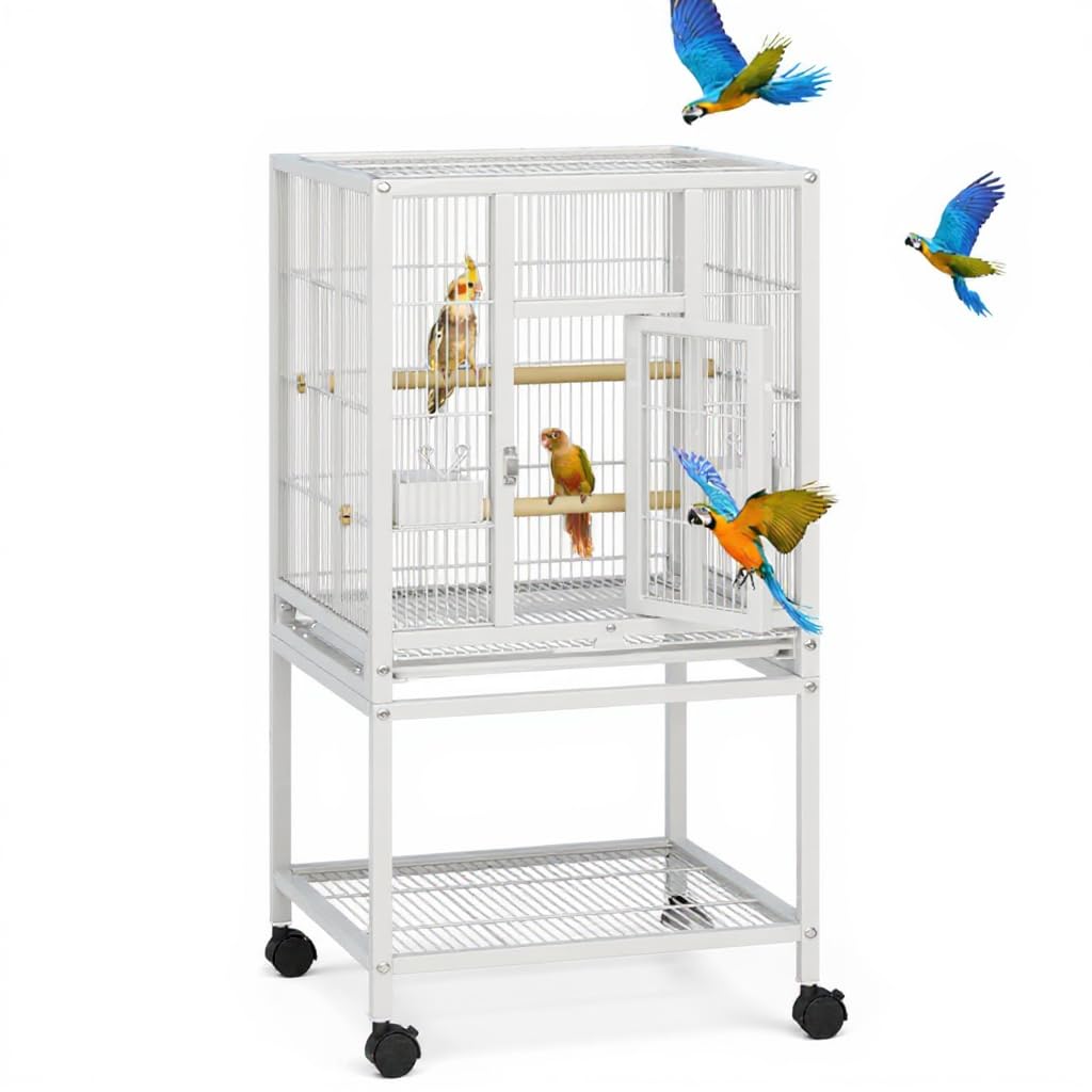 Cage à oiseaux en métal Garvee de 104 cm (41 pouces) pour perruches ondulées, avec perchoirs en bois et support à roulettes, blanche, pour la maison