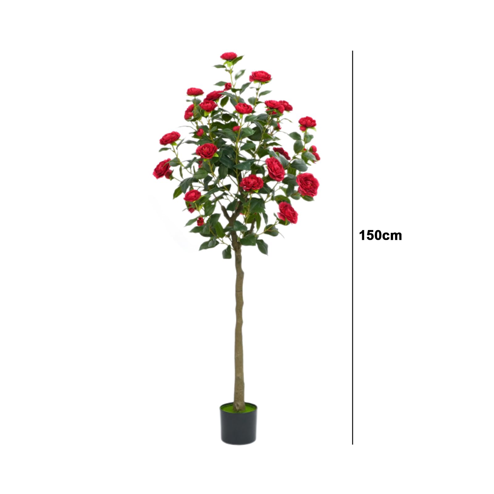 Camélia artificiel rouge Garvee de 1,5 m avec fleurs et feuilles réalistes, idéal pour le salon et l'extérieur. Entretien facile et robuste.