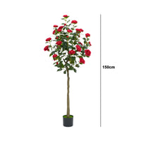Camélia artificiel rouge Garvee de 1,5 m avec fleurs et feuilles réalistes, idéal pour le salon et l'extérieur. Entretien facile et robuste.
