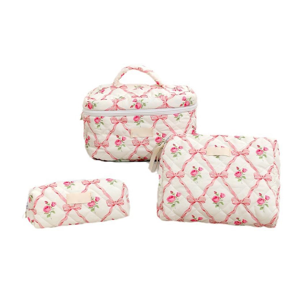 Trousse de maquillage Garvee 3 pièces (L+M+S) Petite trousse cosmétique pour femme, idéale pour les voyages et les activités de plein air, motif floral rose