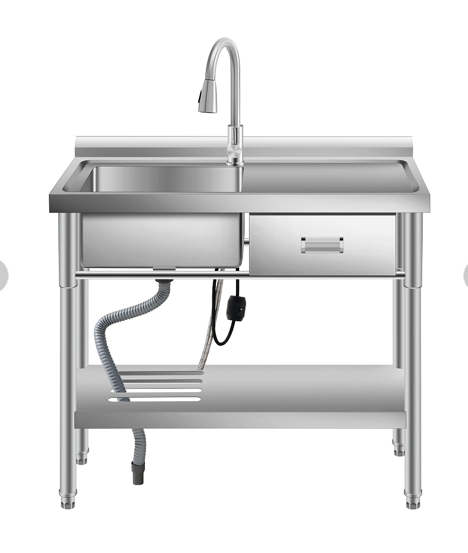 Garvee Évier utilitaire sur pieds 99 cm en acier inoxydable avec tiroirs, cuve simple, étagère inférieure, eau chaude/froide, argenté