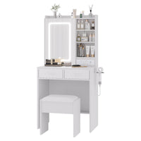 GARVEE Coiffeuse avec miroir LED et tabouret rembourré, 3 modes d’éclairage, charge intégrée et grands rangements, idéale pour chambre, blanc