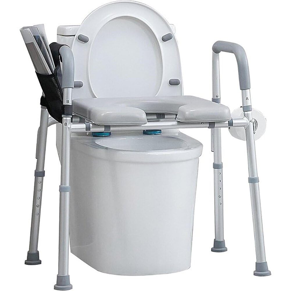 Siège de toilette surélevé Garvee avec accoudoirs, réglable en largeur et en hauteur, rembourré, cadre en aluminium, antidérapant, pour seniors, porte-papier toilette inclus
