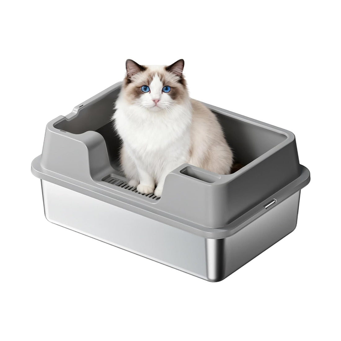 Garvee Bac à litière pour chat en acier inoxydable, taille L, hauteur 27 cm, avec pelle et bords hauts, argenté, idéal pour foyers multi-chats