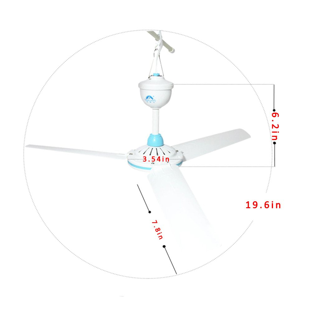 Garvee Ventilateur de plafond 12 V Mini 50 cm silencieux, moteur CC 6 W, portable et suspendu pour le camping, les tentes et les camping-cars.