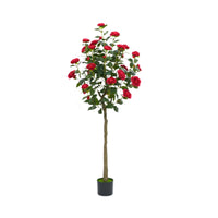 Camélia artificiel rouge Garvee de 1,5 m avec fleurs et feuilles réalistes, idéal pour le salon et l'extérieur. Entretien facile et robuste.