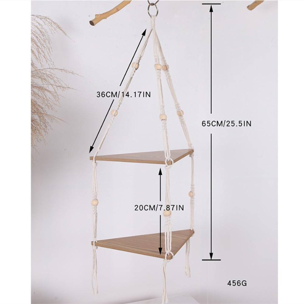 Étagère suspendue d'angle à 2 niveaux Garvee avec corde, support pour plantes style bohème rustique en bois, réglable pour salon et jardin