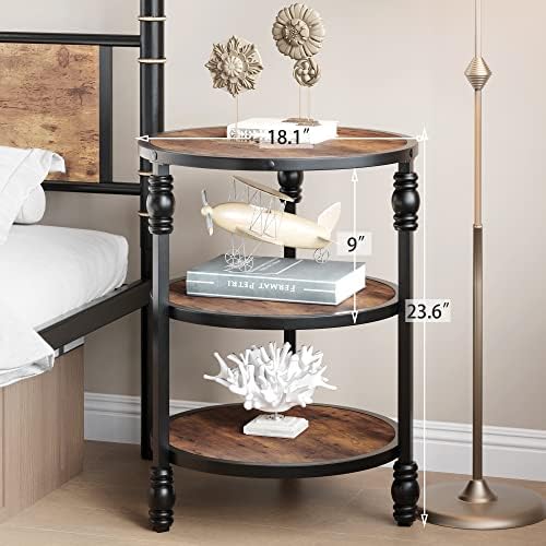 Garvee Table d’appoint ronde 3 niveaux avec étagère de rangement, pieds en métal et plateau MDF, style vintage, idéale salon et chambre.