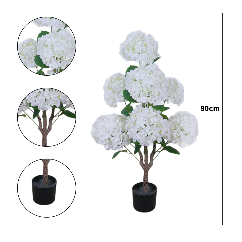 Hortensia artificiel Garvee de 90 cm avec pot en ciment robuste, blanc réaliste, idéal pour mariages et bureaux.