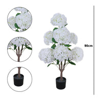 Hortensia artificiel Garvee de 90 cm avec pot en ciment robuste, blanc réaliste, idéal pour mariages et bureaux.
