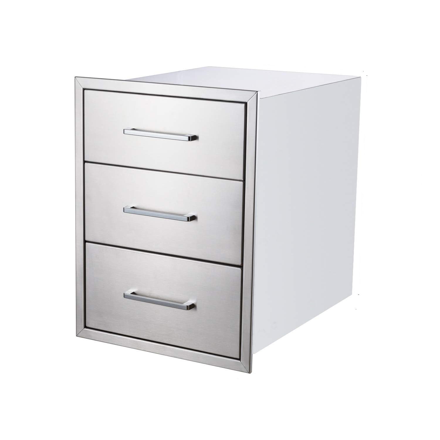Tiroirs de cuisine extérieure Garvee 43 x 61 x 46 cm en acier inoxydable, 3 niveaux, pour barbecue, jardin et terrasse, résistant aux intempéries, couleur argent.