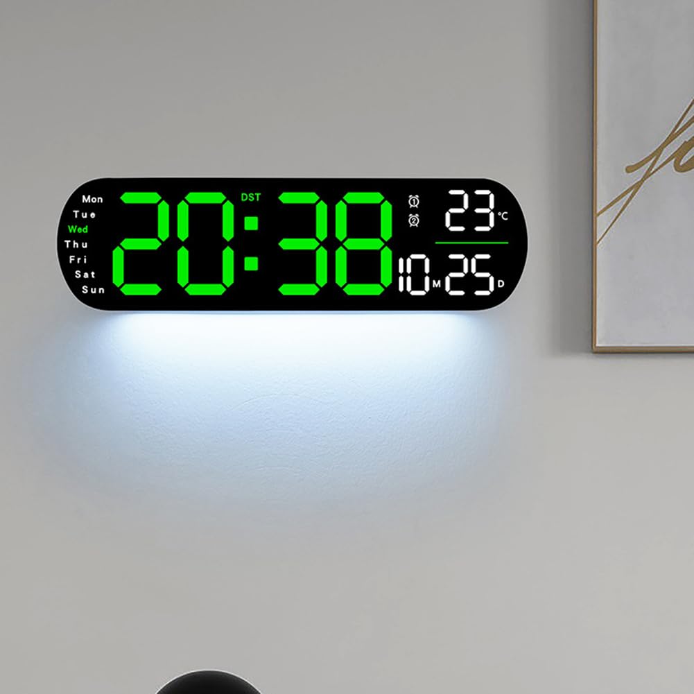 Garvee Horloge murale numérique LED 35 cm avec grand écran, 9 niveaux de luminosité, affichage de la température, fonction mémoire, verte pour la cuisine et le bureau