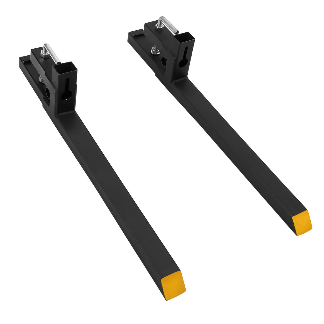 Garvee Fourches à palettes 109 cm, capacité de charge 1 134 kg, fixation rapide, stabilisateur réglable pour tracteurs et chargeuses, tube en acier noir, idéales pour construction et agriculture.