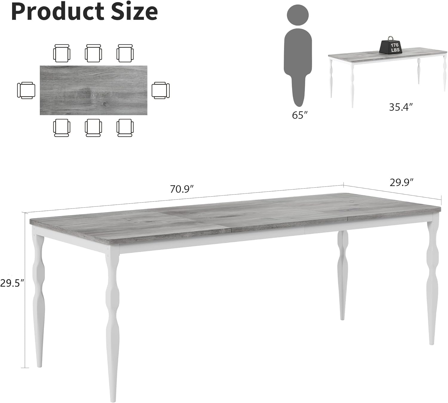 Table de salle à manger Garvee de style campagnard de 180 cm (71 pouces) pour 6 à 8 personnes, avec plateau en bois robuste et pieds en métal stables, idéale pour la cuisine et la salle à manger. Forme rectangulaire, résistante aux rayures.