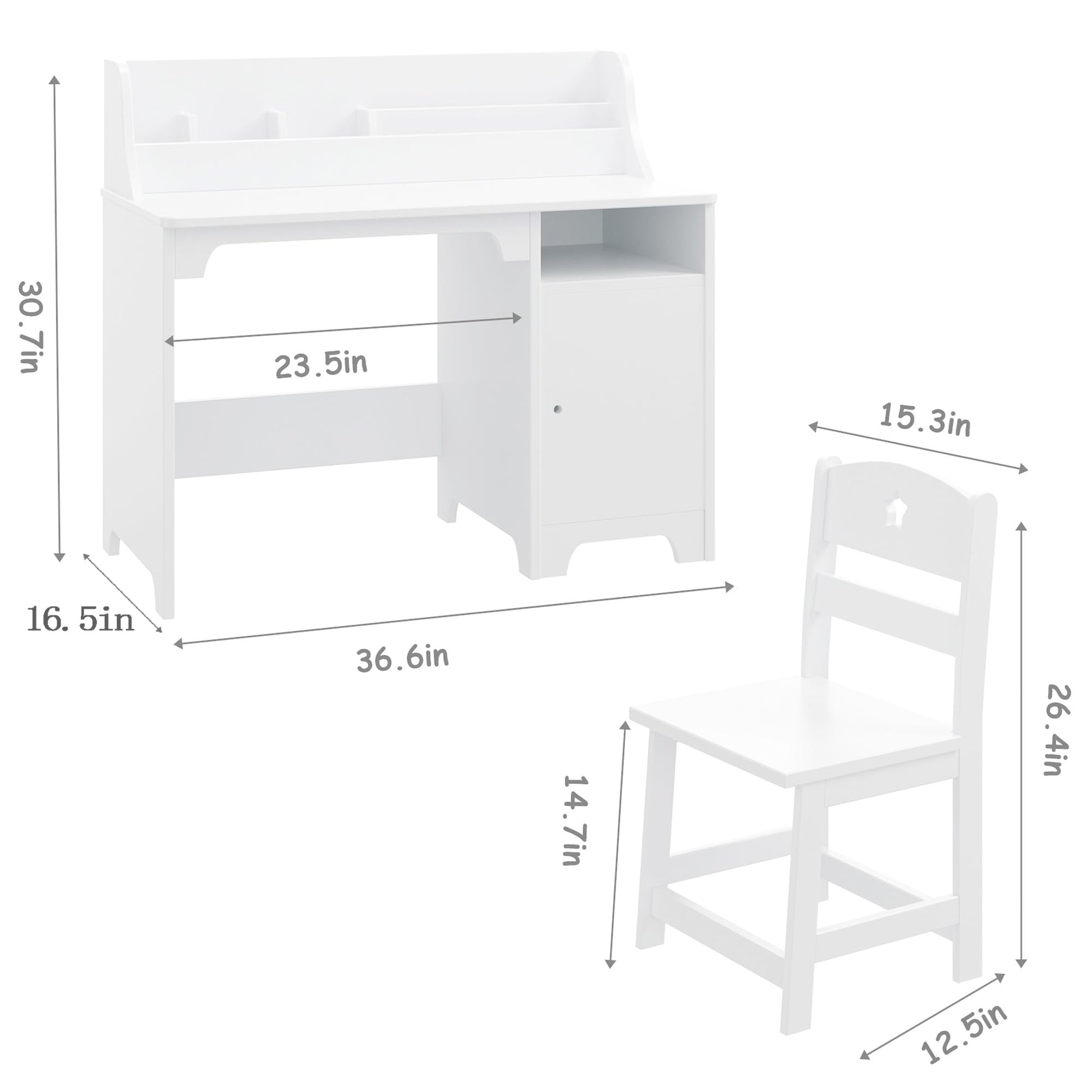 Bureau enfant Garvee blanc avec chaise, en bois, avec rangement et design ergonomique, idéal pour les chambres d'enfants de 3 à 8 ans.