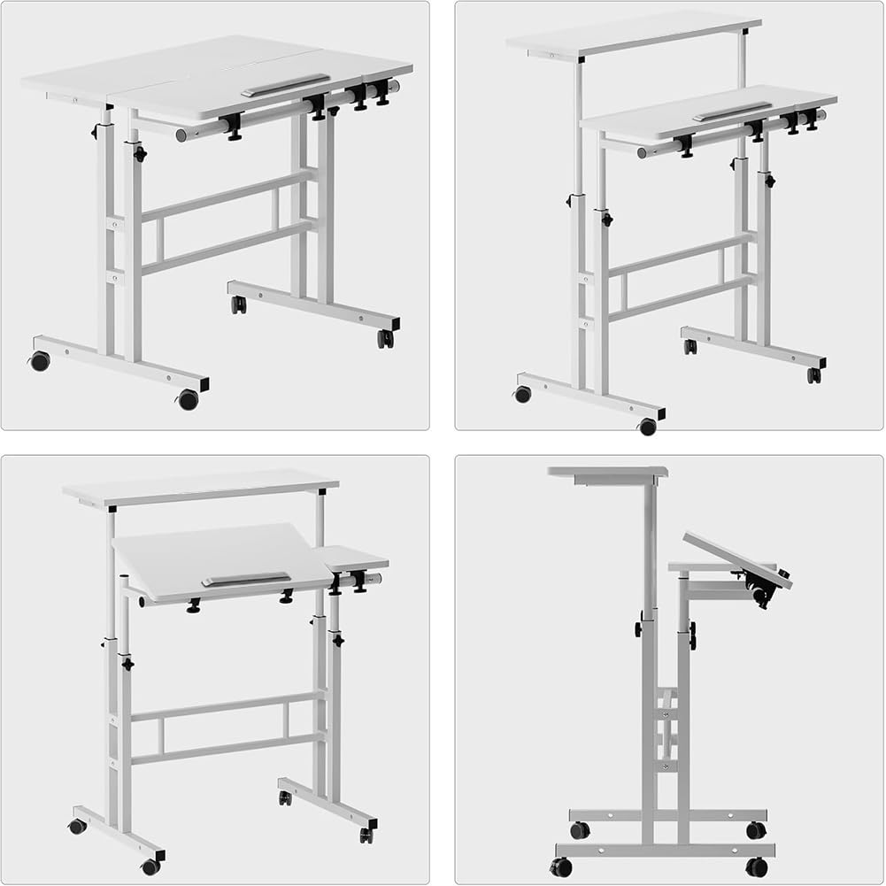 Garvee Bureau d'ordinateur, réglable en hauteur de 70 à 115 cm, bureau assis-debout mobile à roulettes, blanc 80×60 cm, pour la maison et le bureau