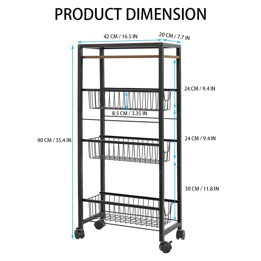 Chariot à roulettes Garvee Slim à 4 niveaux avec plateau en bois, structure robuste en acier, pour la cuisine et la salle de bain, largeur 19,5 cm, noir
