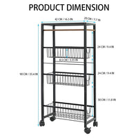 Chariot à roulettes Garvee Slim à 4 niveaux avec plateau en bois, structure robuste en acier, pour la cuisine et la salle de bain, largeur 19,5 cm, noir