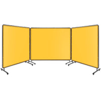 Écran de soudage Garvee à 3 panneaux, 2,44 m x 1,83 m, en PVC ignifugé, avec cadre en acier et roulettes, pour la protection des ateliers de soudage.