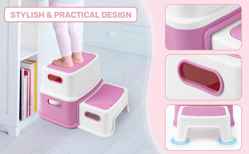 Marchepied enfant Garvee, 2 marches, en polypropylène, antidérapant et stable, pour salle de bain, cuisine, évier, rose
