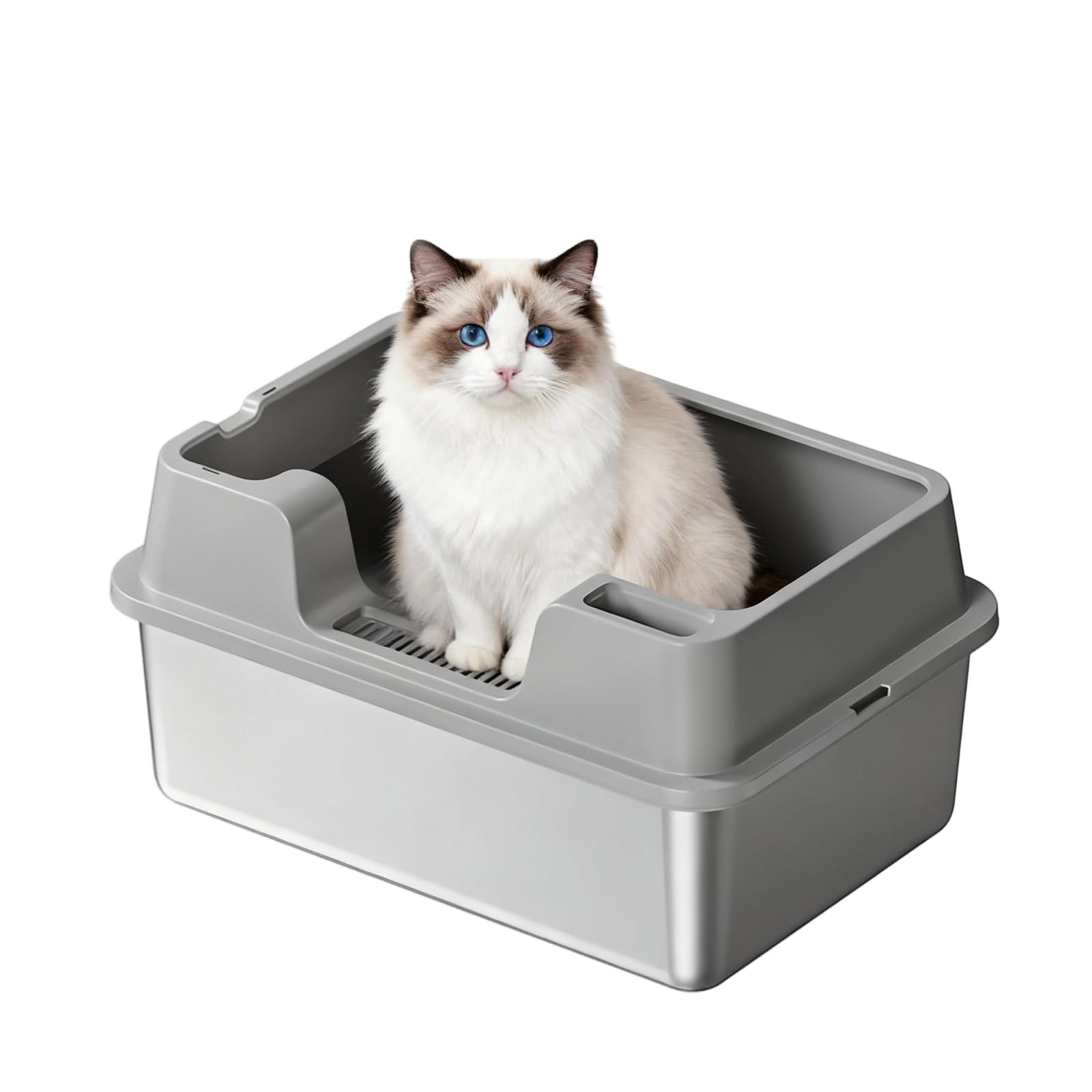 Bac à litière Garvee grand format en acier inoxydable 36 L, semi-fermé, avec tapis antidérapant et pelle à litière, idéal pour les foyers avec plusieurs chats, 60 x 40 x 27 cm, gris.