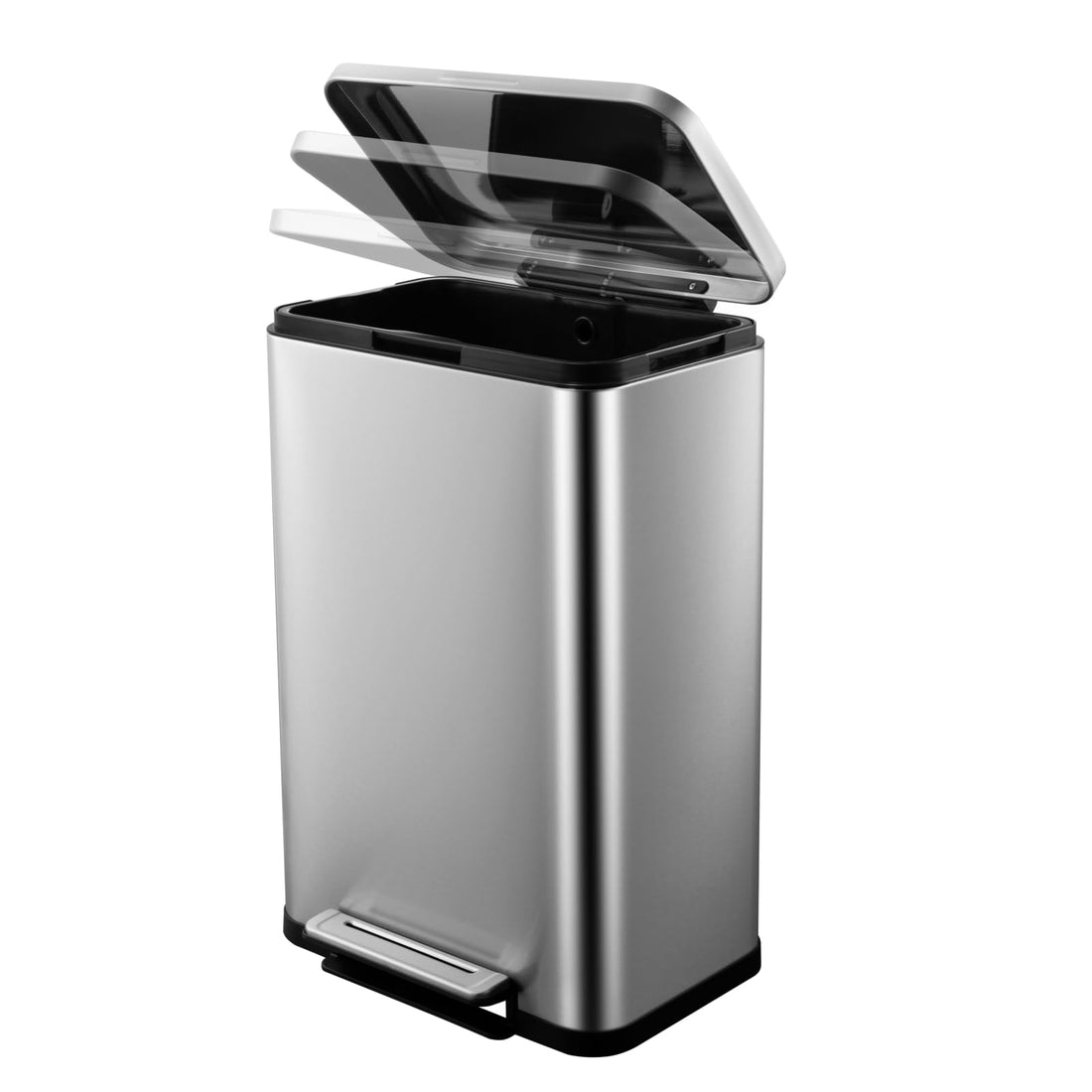 Poubelle Garvee en acier inoxydable 50 L avec pédale, couvercle à fermeture douce, rectangulaire, anti-odeurs, pour la cuisine et la salle de bain, argentée