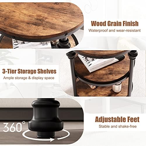 Garvee table d'appoint ronde à 3 étagères, pieds de support en métal, MDF rustique pour le salon et la chambre, 60 cm h × 46 cm l × 46 cm l, brune rustique