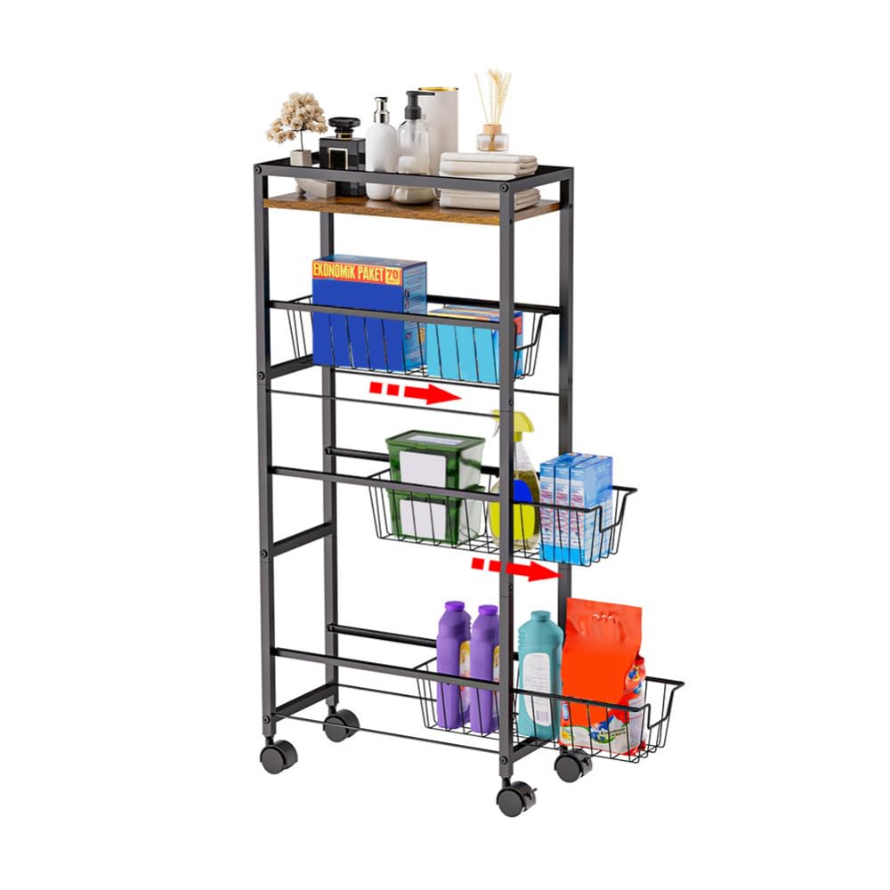 Chariot à roulettes Garvee Slim à 4 niveaux avec plateau en bois, structure robuste en acier, pour la cuisine et la salle de bain, largeur 19,5 cm, noir