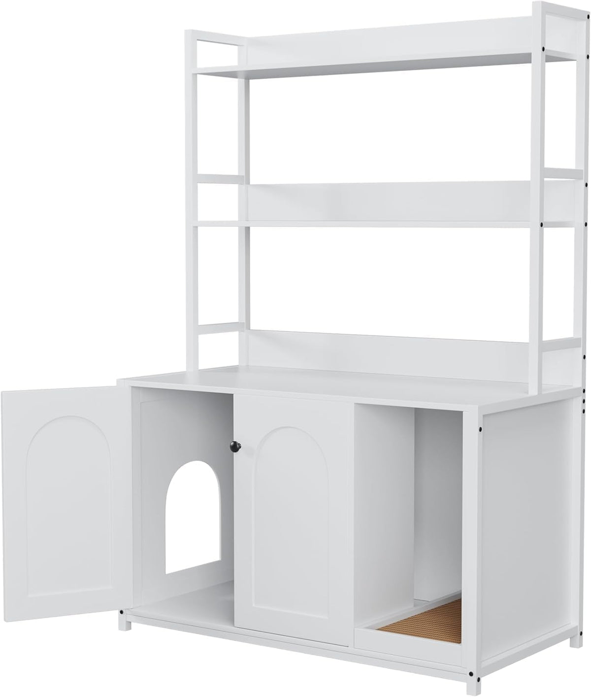 Garvee enclos pour bac à litière avec 2 portes et griffoir, MDF et acier, 3 étagères, blanc, pour le salon et la chambre, 57 cm × 42 cm × 55 cm