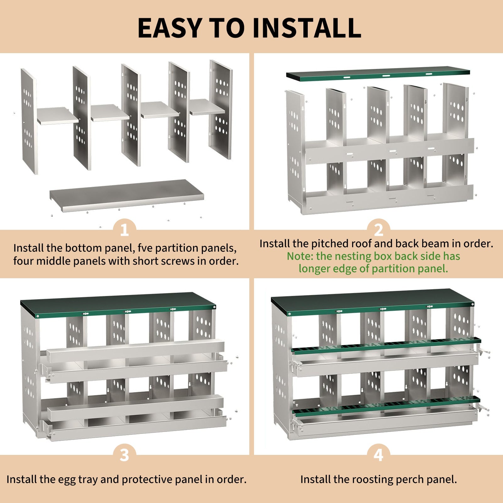 Nichoir métallique Garvee à 8 compartiments, dimensions totales : 92 x 42 x 63 cm, dimensions par compartiment : 23 x 25 x 21,5 cm, acier galvanisé, étanche, pour 8 à 12 poules (vert)
