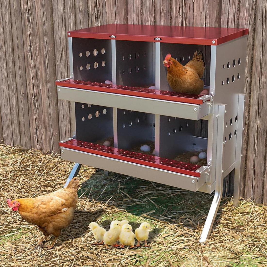 Nichoirs Garvee pour poules, 6 compartiments, en métal, dimensions totales avec support : 69 x 43 x 78 cm, dimensions par compartiment : 23 x 25 x 21,5 cm, acier galvanisé étanche, pour 6 poules (rouge)