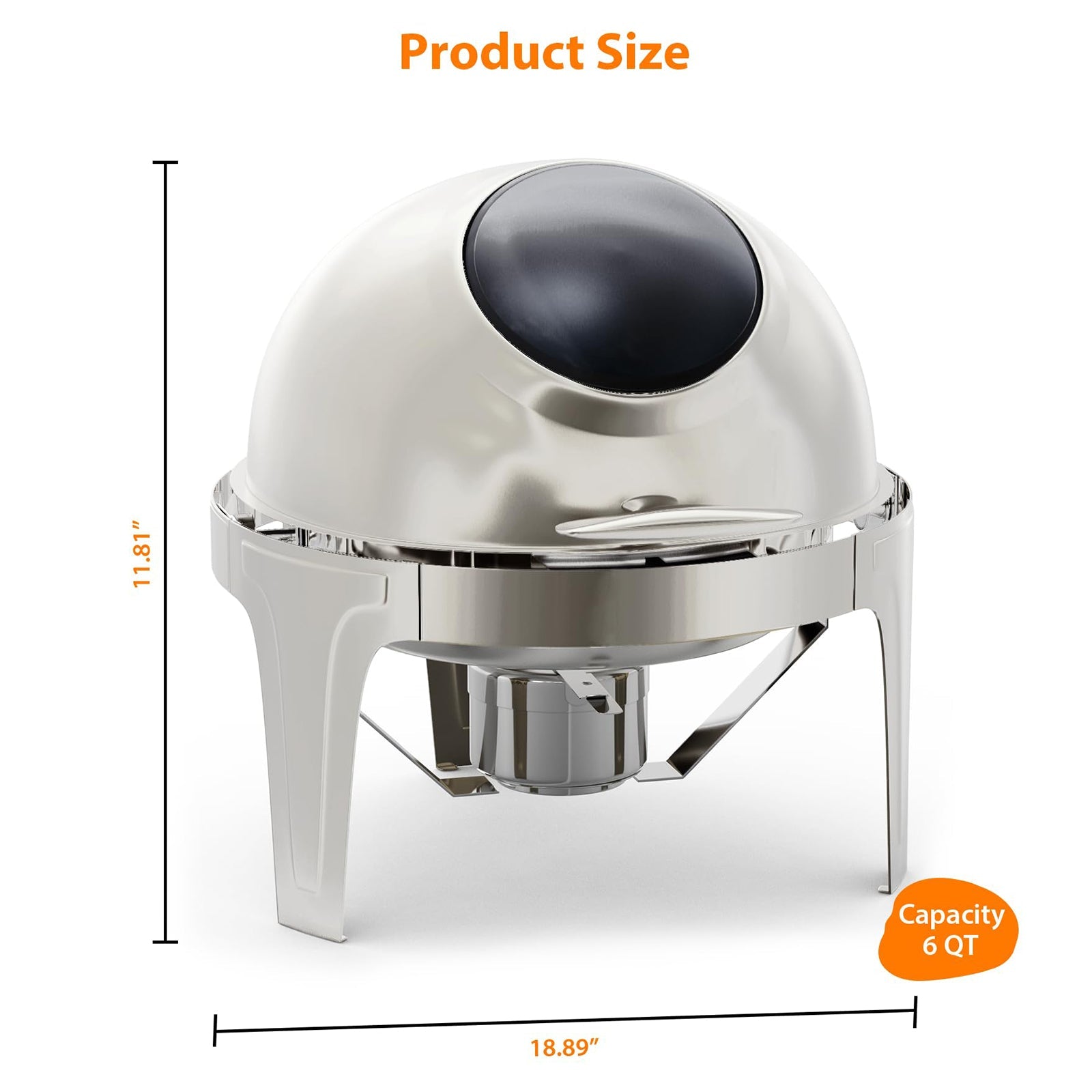 Chafing dish Garvee à couvercle roulant, 6,3 L, en acier inoxydable avec fenêtre en verre, ouverture à 90/180° et poignée en T. Idéal pour les fêtes, banquets, buffets et hôtels.
