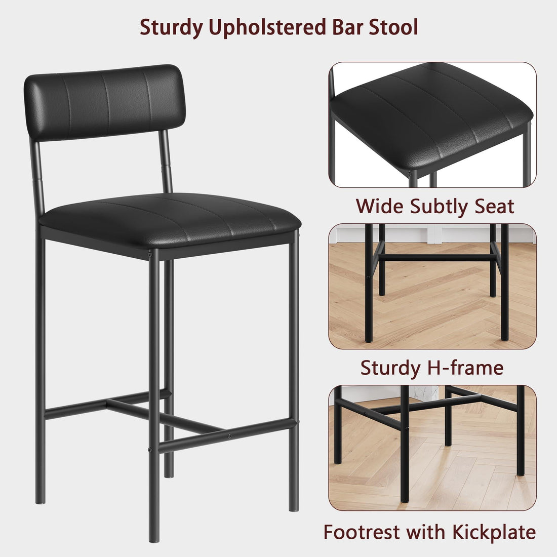 Garvee Lot de 2 tabourets de bar hauteur comptoir, cuir PU noir, dossier ergonomique rembourré, repose-pieds, montage facile, pour îlot de cuisine