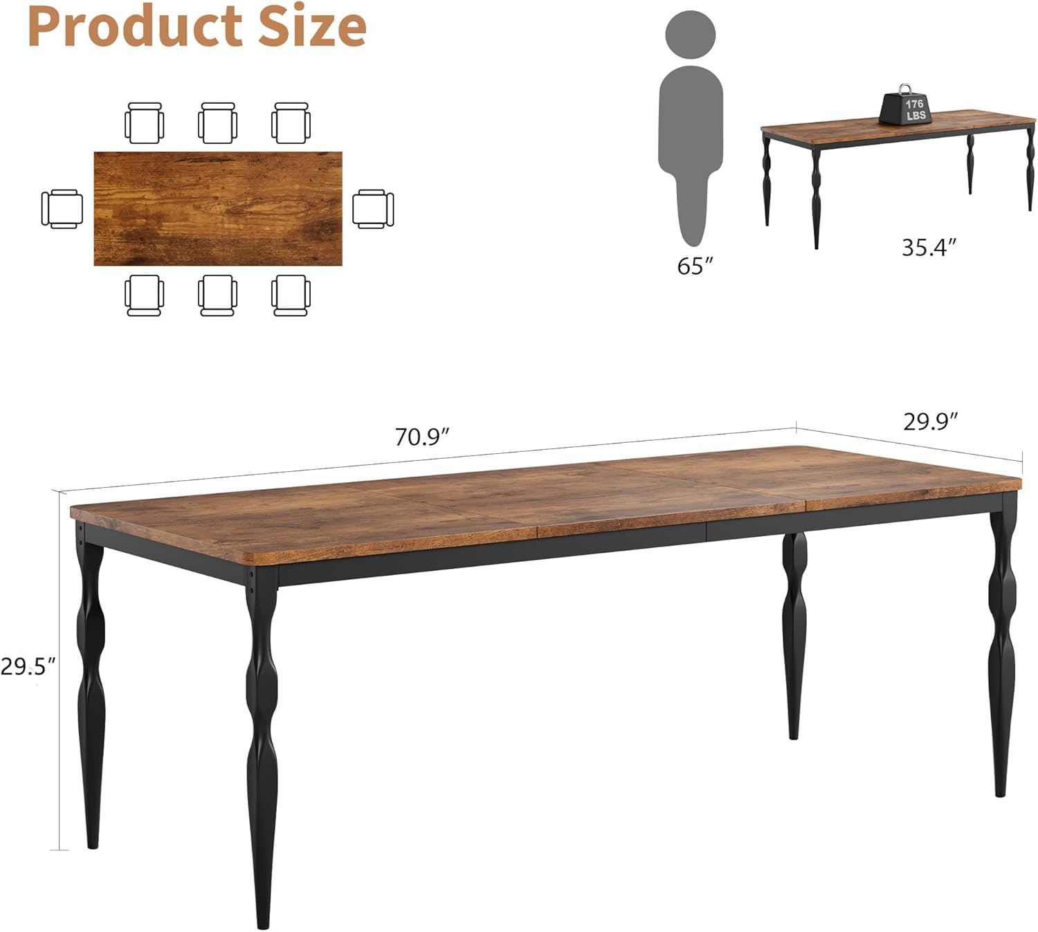 Table de salle à manger Garvee style ferme 180 cm, rectangulaire, robuste, en bois avec pieds en métal, pour la cuisine et la salle à manger, 6 à 8 couverts, résistante aux rayures, stable, en bois naturel