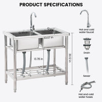 Garvee Évier Inox 2 Bacs avec Robinet Pivotant 360° et Tuyau de Vidange Durable, pour Maison, Bureau, Cuisine et Extérieur, 84 × 46 × 76 cm