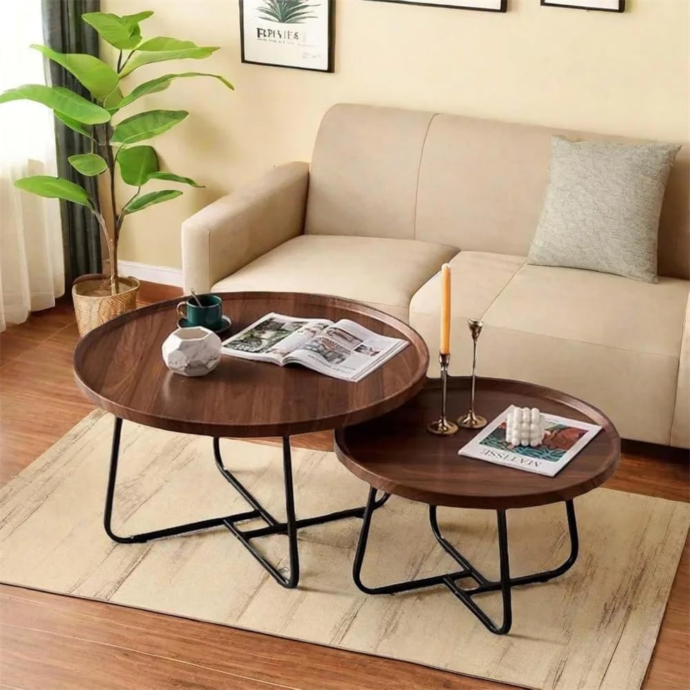 Ensemble de 2 tables basses gigognes Garvee rondes avec pieds antidérapants pour salon et bureau, 71 x 46 cm et 51 x 38 cm, marron
