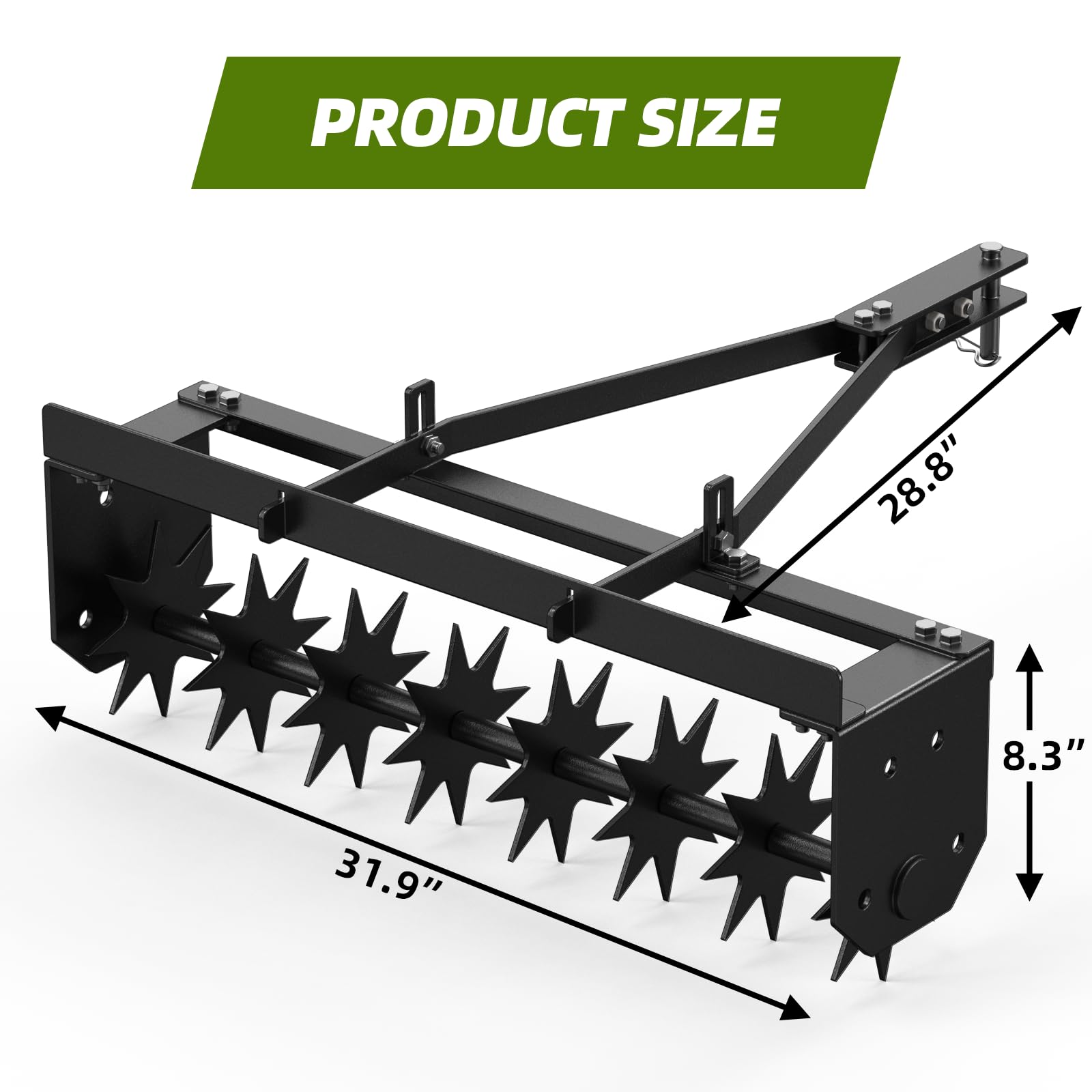 Aérateur à pointes Garvey à tracter, 81 cm (32 pouces), avec dents en acier et profondeur réglable pour pelouses et agriculture, barre de traction extra large, robuste