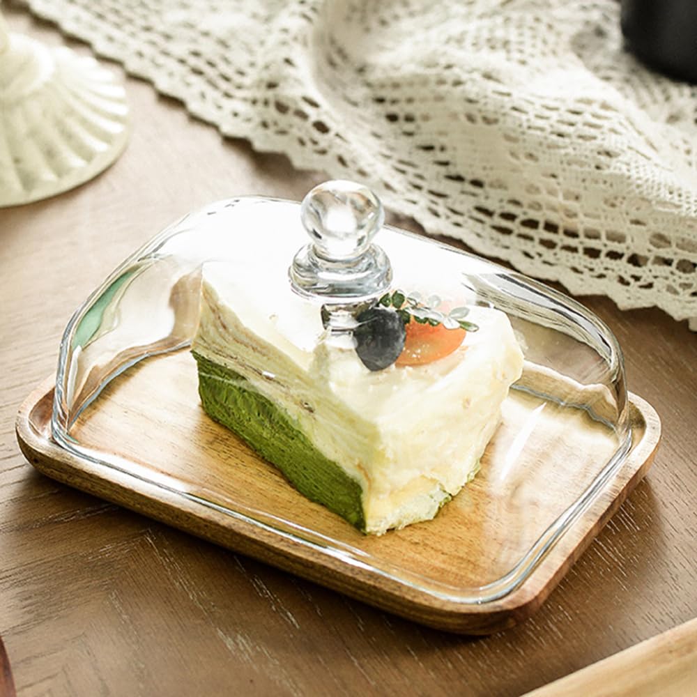 Beurrier rectangulaire en bois d'acacia Garvee avec couvercle en verre, idéal pour les desserts et les confiseries.