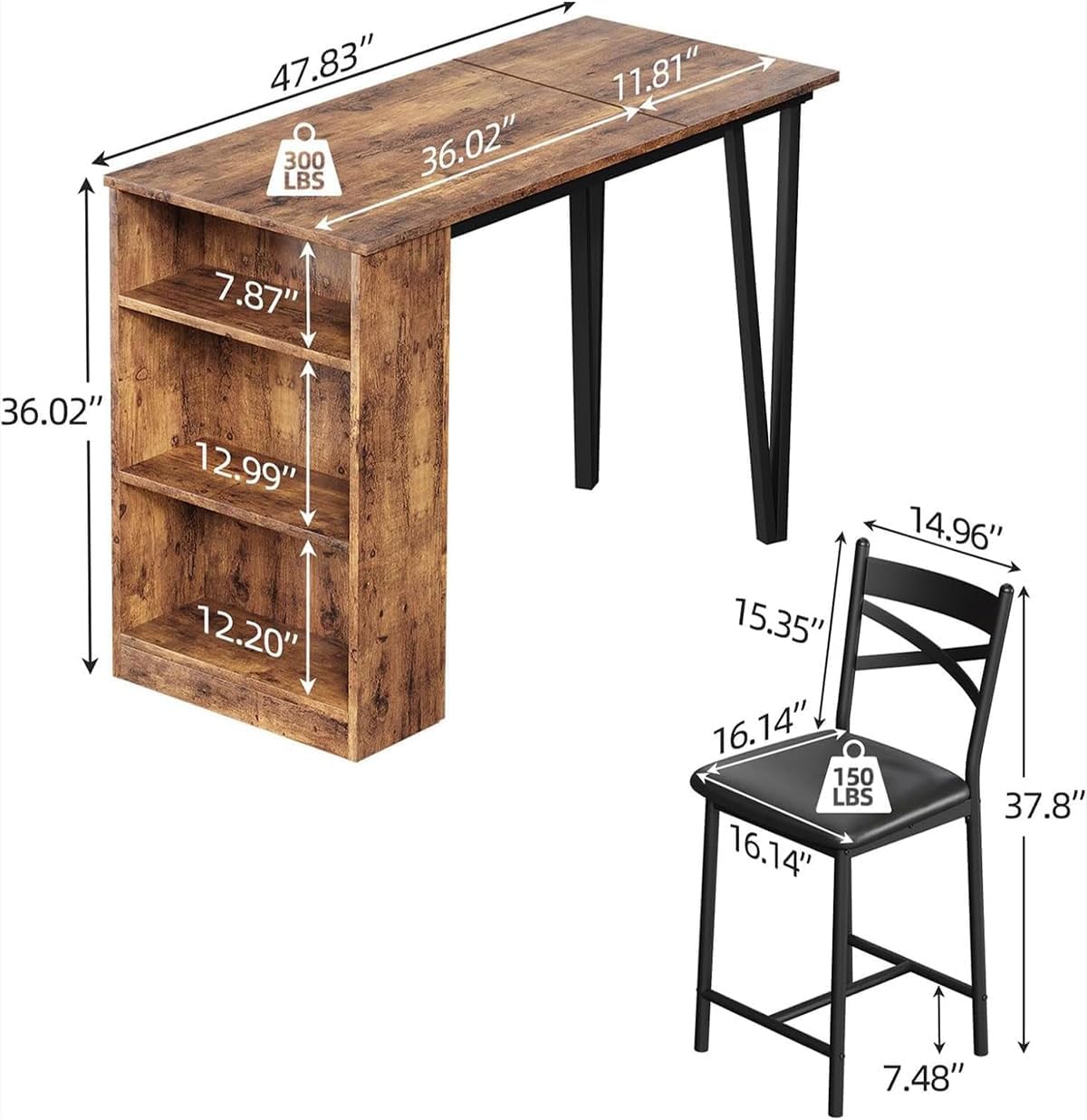 Ensemble table et chaises de bar Garvee 3 pièces, pliable, avec espace de rangement, en acier et bois, coussins ergonomiques, marron, idéal pour les petites cuisines.