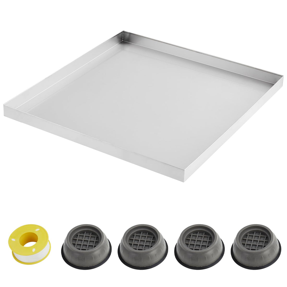 Bac de récupération pour lave-linge Garvee 61 x 61 cm (24 x 24 pouces) – Acier inoxydable 304, trou de vidange, adaptateur pour tuyau d'arrosage, pieds anti-vibrations, compact et robuste