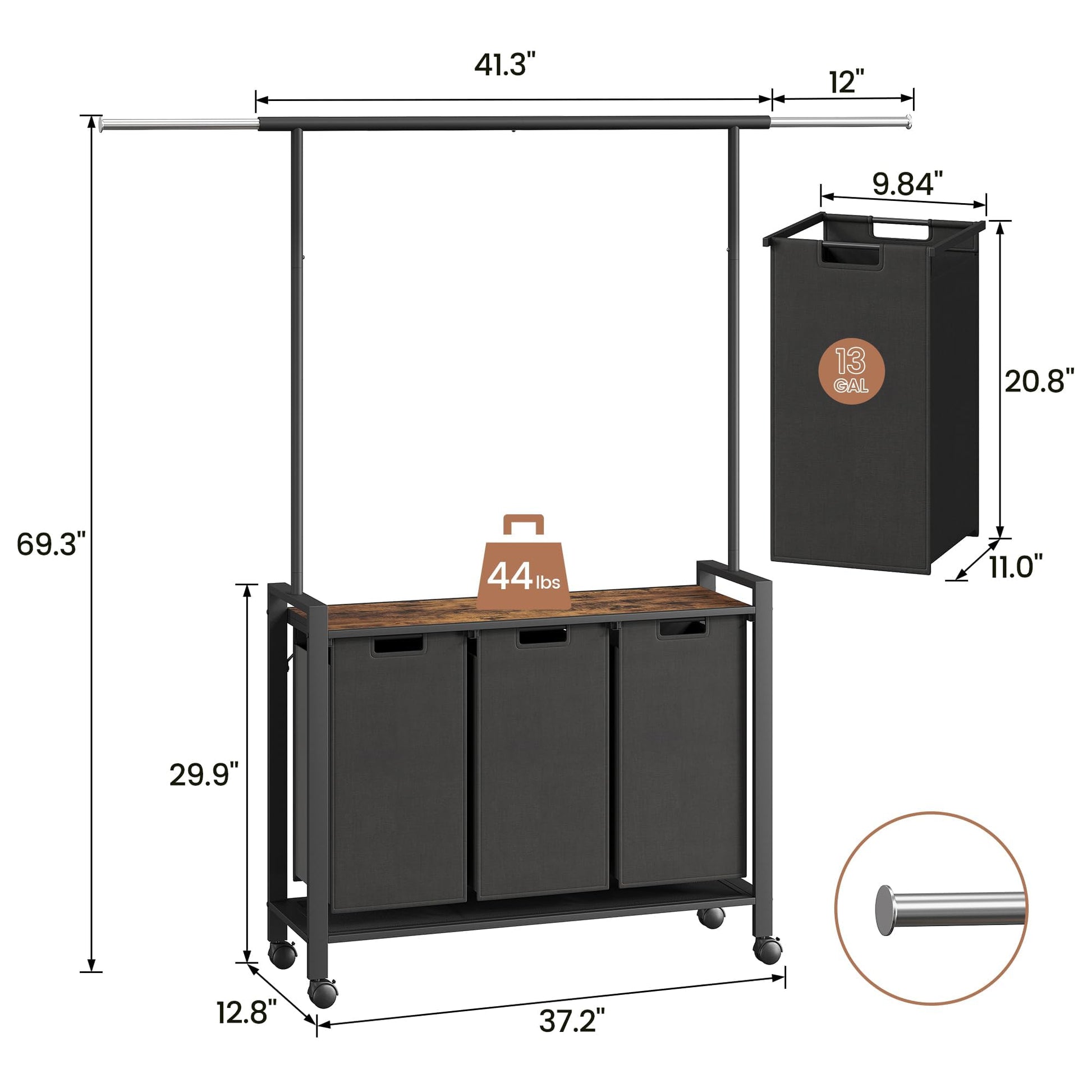 Trieur à linge Garvee avec roulettes et barre de suspension, panier à linge à 3 compartiments, tissu Oxford, marron rustique, pour buanderie
