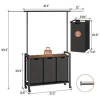 Trieur à linge Garvee avec roulettes et barre de suspension, panier à linge à 3 compartiments, tissu Oxford, marron rustique, pour buanderie