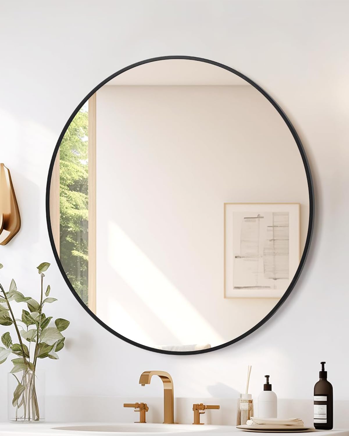 Miroir mural rond noir Garvee de 50 cm (20 pouces) avec cadre en métal pour salle de bain et salon, incassable, en aluminium, antirouille