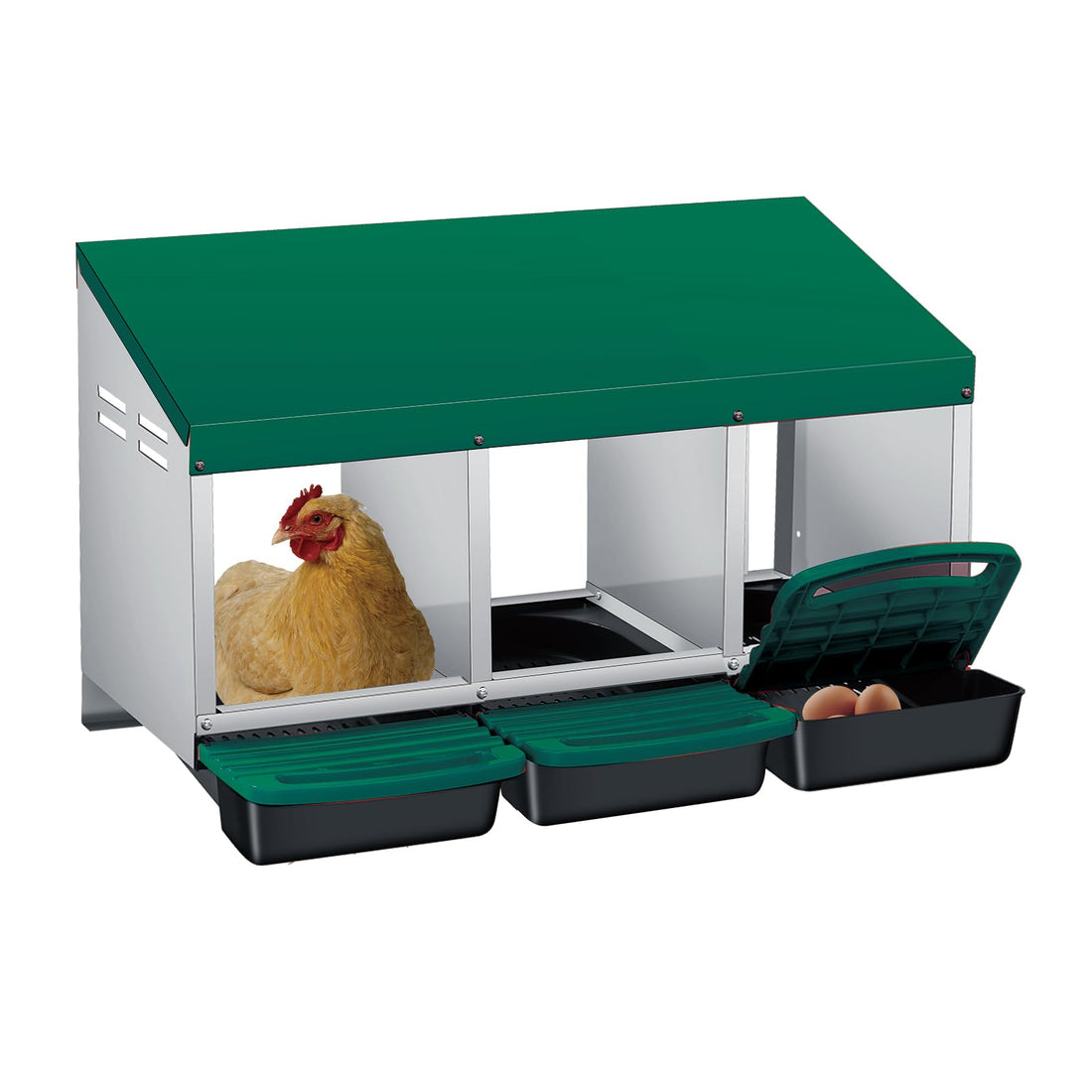 Garvee Nichoir pour Poules 3 Compartiments, Métal Galvanisé au Zinc avec Poignée en Plastique, Résistant pour Poulailler et Ferme, Vert