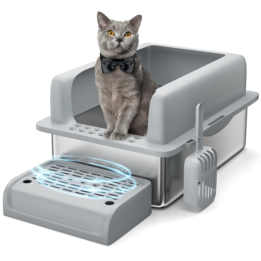 Garvee Bac à litière XL en acier inoxydable pour grands chats, caisse fermée avec couvercle, bords hauts anti-fuite, nettoyage facile, anti-odeurs, avec pelle et marchepied